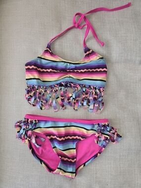 Xhilaration Multicolor Striped Fringe Bikini Top with Hot Pink